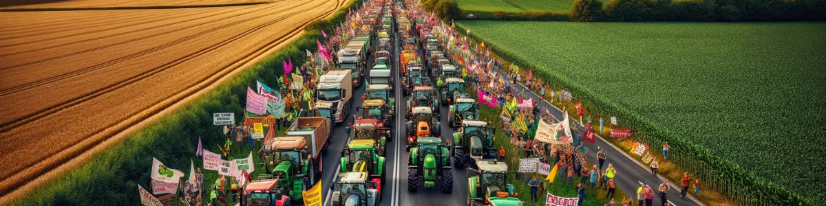 DALL·E 2024-02-13 11.45.51 - A vibrant scene of a farmers' protest in Europe, featuring a long procession of tractors of various sizes and colors, each adorned with flags and bann